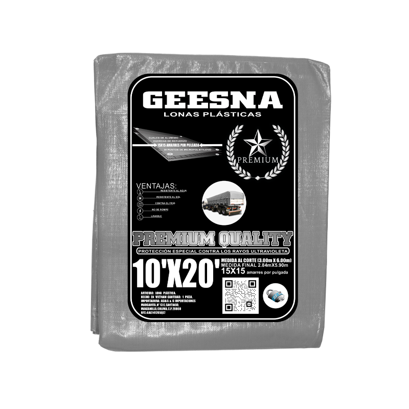 LONA PREMIUM GRIS/NEGRO 10X20 FT 220 G 3.00X6.00 MTS GEESNA | 60183
